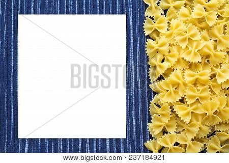 Farfalle Raw Farfallini Beautiful Decomposed Pasta With The Right, On Its Side On A Rustic Red-brown