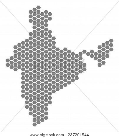 Grey Hexagon India Map. Vector Geographical Map In Grey Color On A White Background. Vector Collage 