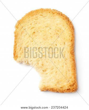 Toasted Bread With Bite Mark On White Background, Top View