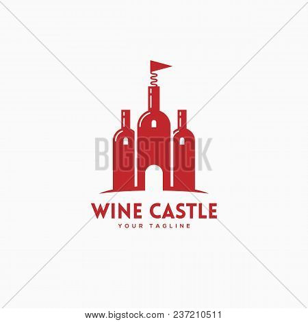 Wine Castle Logo Template Design With Three Bottles. Vector Illustration.