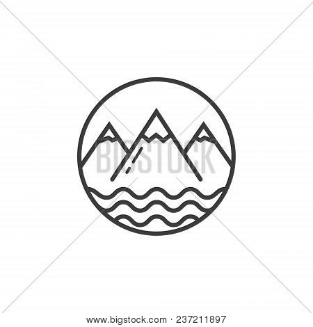 Black And White Icon Of Mountains And Pond In The Round Frame