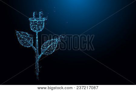 Ecology Icon With Electric Plug And Leaves Form Lines And Triangles, Point Connecting Network On Blu