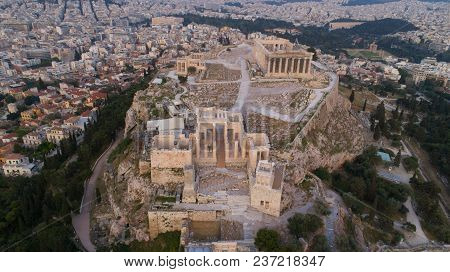Aerial View Of Acropolis Of Athens Ancient Citadel After Sunset In Greece