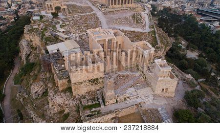 Aerial View Of Acropolis Of Athens Ancient Citadel After Sunset In Greece