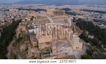 Aerial View Of Acropolis Of Athens Ancient Citadel After Sunset In Greece
