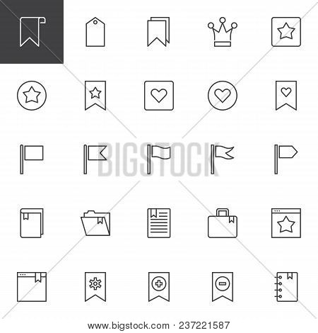 Bookmarks And Tags Outline Icons Set. Linear Style Symbols Collection, Line Signs Pack. Vector Graph