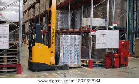 Moscow, Russia - May, 2017: Lift Truck In Factory. Clip. Wholesale Logistic, Loading, Shipment And P