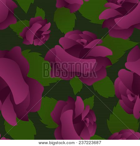 Seamless Floral Pattern With Purple Roses. Big Single Blooms And Green Leaves United In Mosaic. Vect