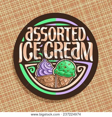 Vector Logo For Italian Ice Cream, Round Dark Label With Purple Sweet Potato Soft Serve Icecream In 