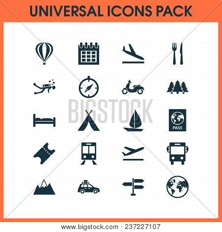 Journey Icons Set With Tent, Train, Aircraft And Other Scuba Elements. Isolated Vector Illustration 