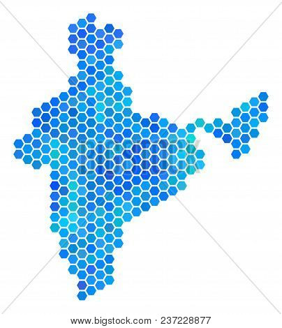 Blue Hexagon India Map. Vector Geographic Map In Cold Color Hues On A White Background. Blue Vector 