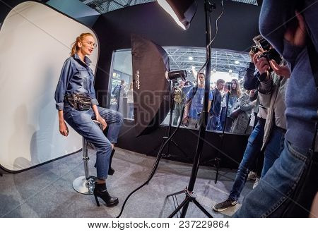 Moscow, Russia - April 13, 2018: Studio Area Inside Olympus Art Space Booth At Photoforum 2018 Trade