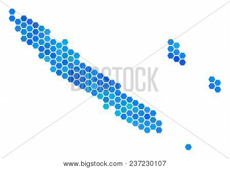Hexagon Blue New Caledonia Islands Map. Vector Geographic Map In Blue Color Shades On A White Backgr