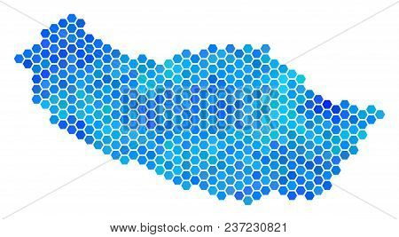 Hexagon Blue Portugal Madeira Island Map. Vector Geographic Map In Blue Color Tones On A White Backg