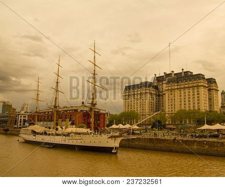 Buenos Aires, Argentina - October 1: Frigate President Sarmiento Docked At The Dock In Puerto Madero