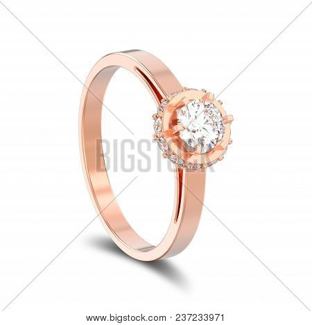 3d Illustration Isolated Rose Gold Halo Bezel Pave Diamond Ring With Shadow On A White Background
