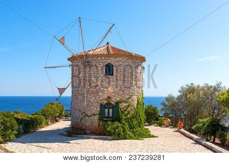 Traditional Greek Old Windmill On Skinari Cape. Zakynthos Island, Greece