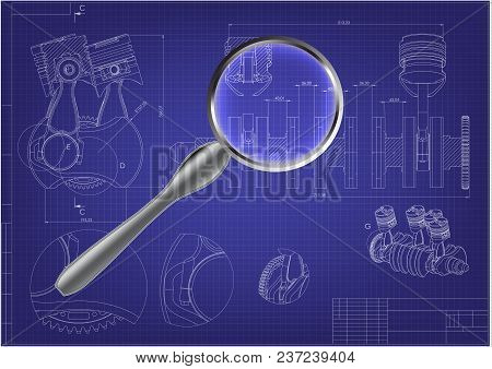 Machine Building Drawing. Engine Car On A Blue Background. 3d Model