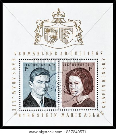 Liechtenstein - Circa 1967 : Cancelled Block With Postage Stamps Printed By Liechtenstein, That Show