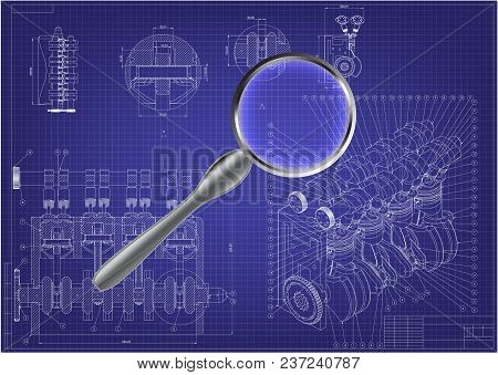 Machine Building Drawing. Engine Car On A Blue Background. 3d Model