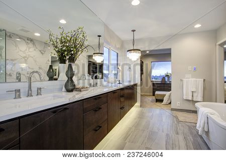 White And Gray Calcutta Marble Bathroom Design