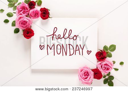 Hello Monday Message With Roses And Leaves Top View Flat Lay