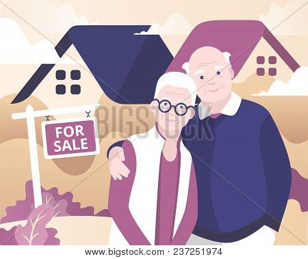 The Aged Couple Selling Their House And Moving Vector Illustaration Banner