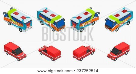 A Selection Of Excursion Buses And Red Isometric Cars Stock Vector Illustration