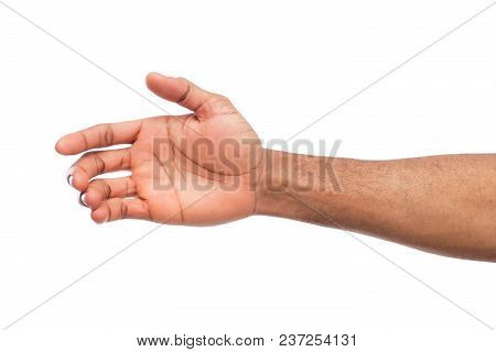 Black Hand With Virtual Smartphone Isolated On White Background. African American Man Holding Card, 