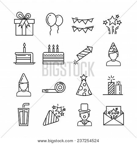 Set Of Happy Birthday And Holiday Related Vector Line Icons. Includes Such Icons As Decorations, Par