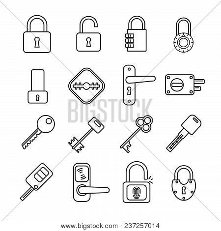 Set Of Keys And Locks Related Vector Line Icons. Contains Such Icon As Heck, Door Lock, Door Latch, 