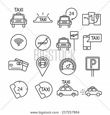 Set Of Taxi Related Vector Line Icons. Contains Such Icon As Taxi Service, Taxi Cab, Traffic,transpo