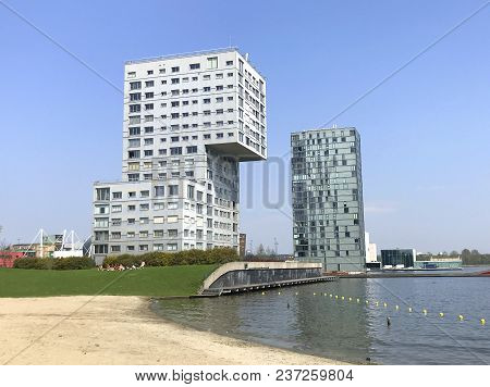 Almere, Flevoland, The Netherlands - March 22, 2018: Apartment Buildings Witch Make The Skyline Of A