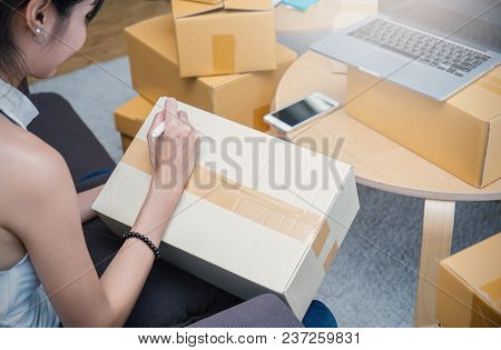 Small Business Entrepreneur Sme Or Freelance Woman Working At Home Concept, Young Asian Small Busine