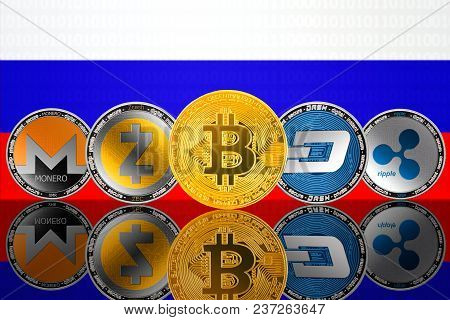 Cryptocurrency Coins - Bitcoin (btc), Monero (xmr), Zcash (zec), Ripple (xrp), Dash On The Backgroun