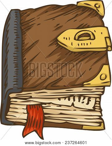Old Book, Private Diary With Brown Cover, Red Bookmark And Golden Clasp. Isolated On White Backgroun