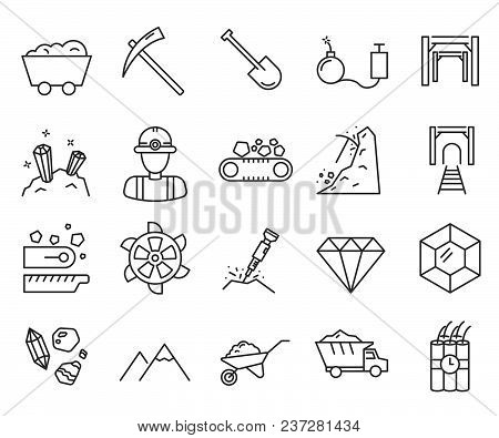 Set Of Diamond Mining Related Vector Line Icons. Includes Such Icons As Diamond, Gold, Mining, Minin
