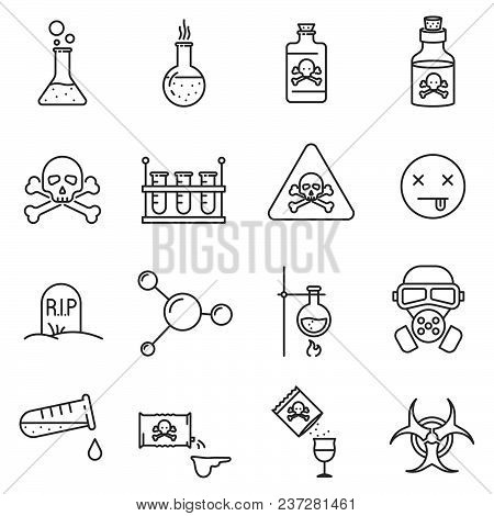 Set Of Poison Related Vector Line Icons. Includes Such Icons As Toxins, Poisoning, Substance, Chemis