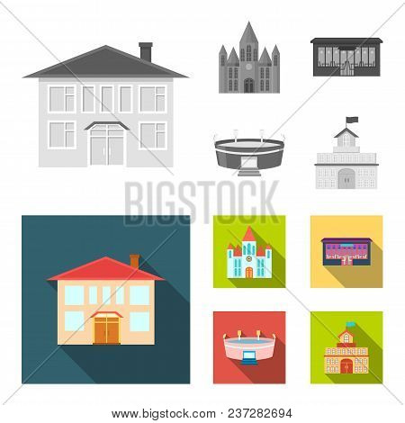 House Of Government, Stadium, Cafe, Church.building Set Collection Icons In Monochrome, Flat Style V