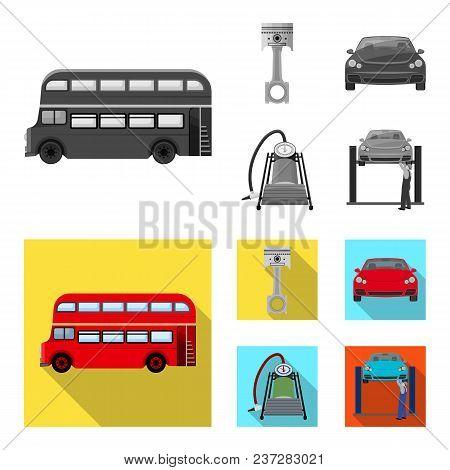 Car On Lift, Piston And Pump Monochrome, Flat Icons In Set Collection For Design.car Maintenance Sta