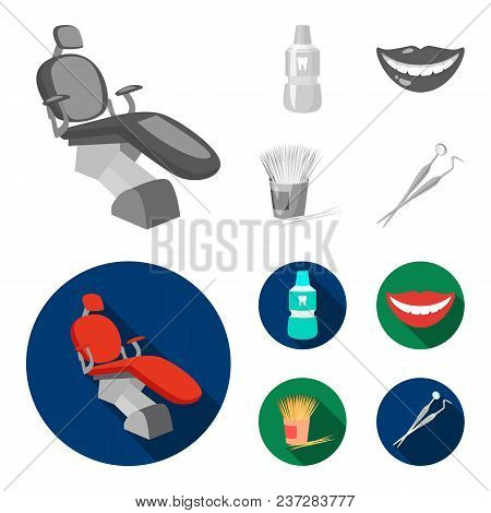 Dental Sterile Liquid In The Jar, Lips, Teeth, Toothpicks In The Jar, Medical Instruments For The De
