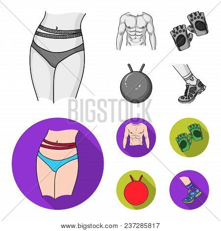 Men Torso, Gymnastic Gloves, Jumping Ball, Sneakers. Fitnes Set Collection Icons In Monochrome, Flat