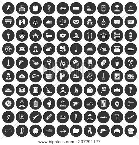 100 Working Professions Icons Set In Simple Style White On Black Circle Color Isolated On White Back