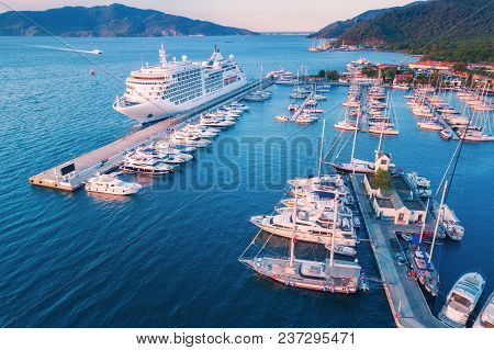 Aerial View Of Beautiful Large White Ship At Sunset