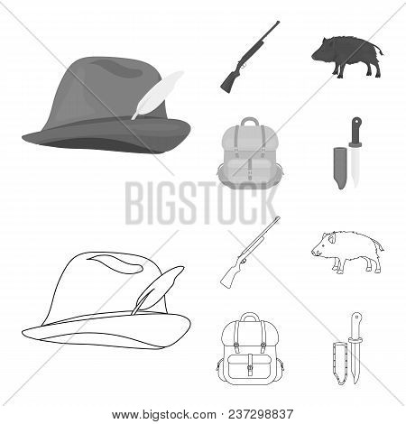 A Hunting Hat With A Feather, A Wild Boar, A Rifle, A Backpack With Things..hunting Set Collection I