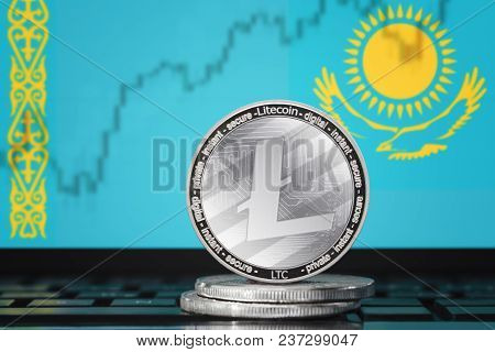 Litecoin (ltc) Cryptocurrency; Coin Litecoin On The Background Of The Flag Of Kazakhstan