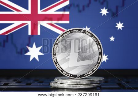 Litecoin (ltc) Cryptocurrency; Coin Litecoin On The Background Of The Flag Of Australia (commonwealt