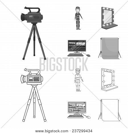 A Movie Camera, A Suit For Special Effects And Other Equipment. Making Movies Set Collection Icons I