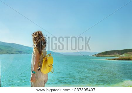 Young Traveler Woman Standing And Enjoying The Freedom View Of Devoll River In Albania