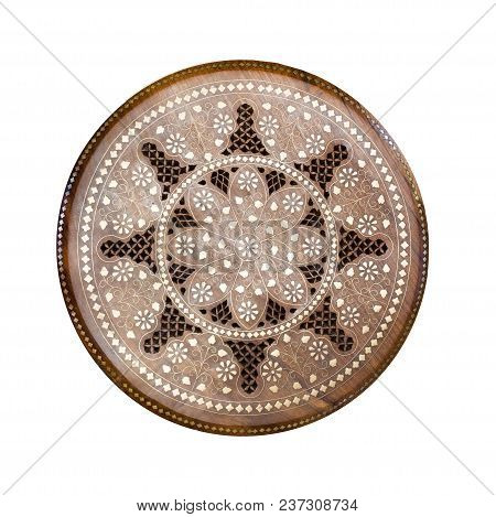 Handmade Round Wooden Pattern. Ornamental Circle Floral Decor Panel With Metal Incrustation. Hadcraf